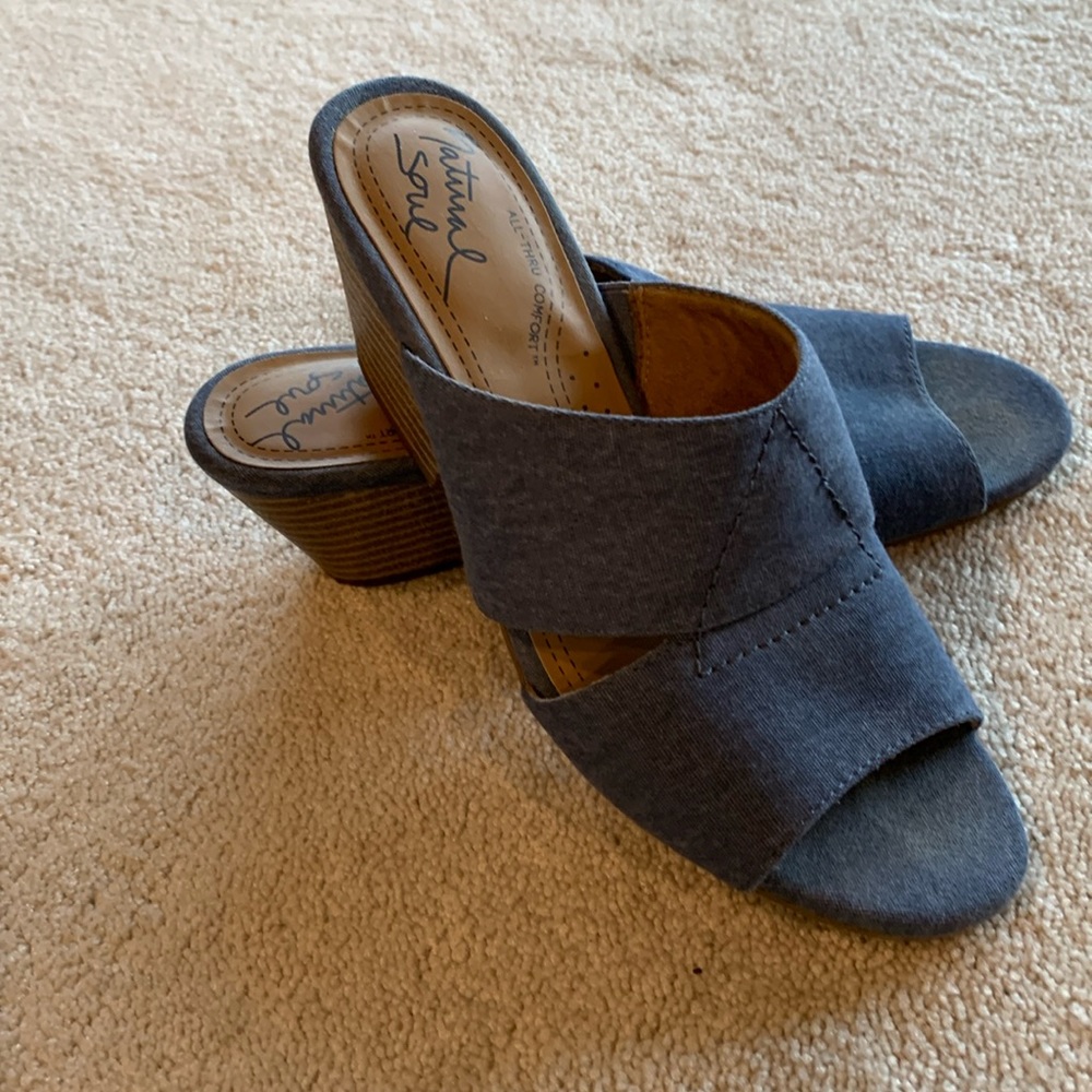 denim blue sandals 7.5  2”heel